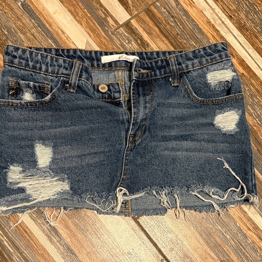 KanCan Blue Distressed Mini Skirt